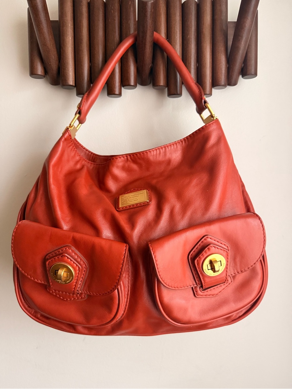 Marc by Marc Jacobs Orange-Red Leather Shoulder Bag with Dual Front Pockets